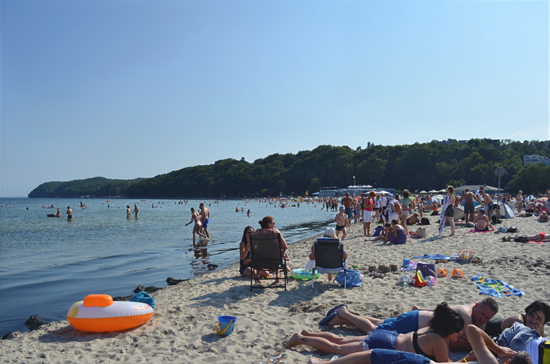 6 - A sandy Baltic Sea coastline in Gdansk, featuring several beachgoers and a distant lush treeline